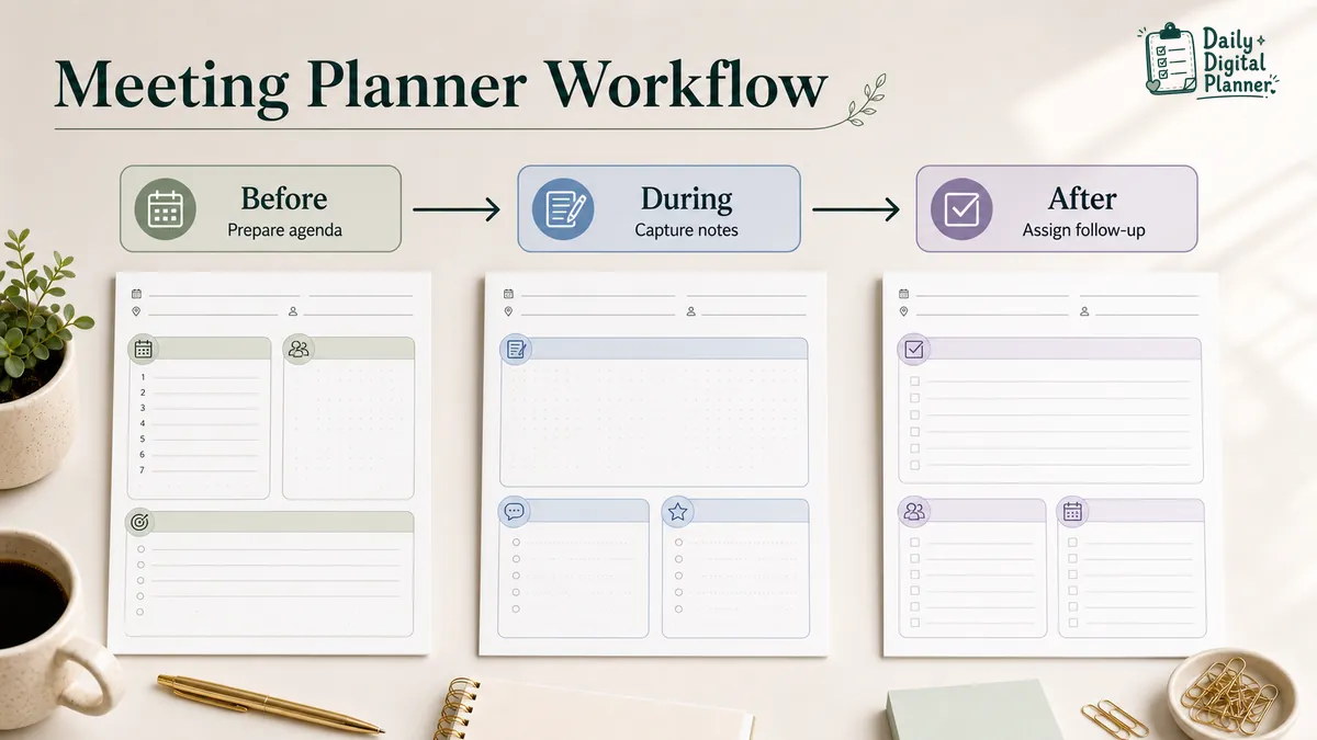Workflow diagram showing how a meeting planner moves from agenda preparation to notes, action items, and follow-up tasks.