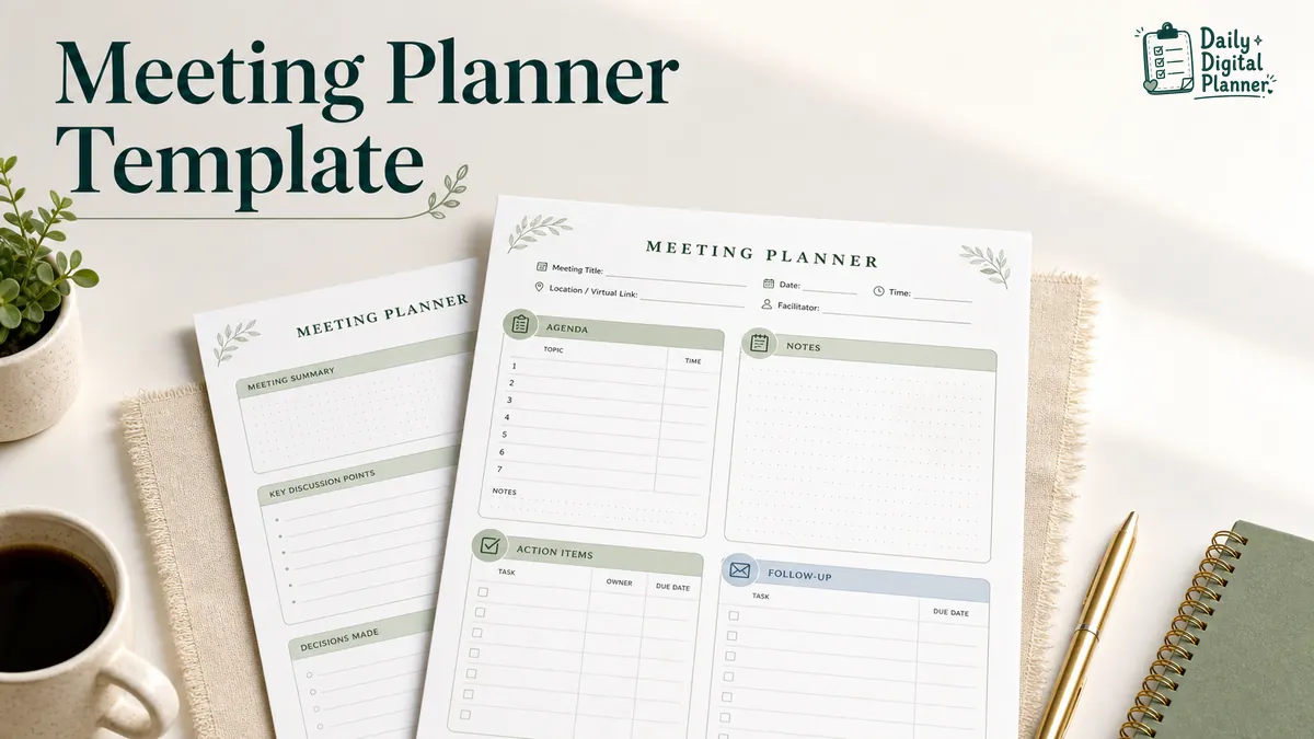 Printable meeting planner template pages for agenda, notes, action items, and follow-up tasks.