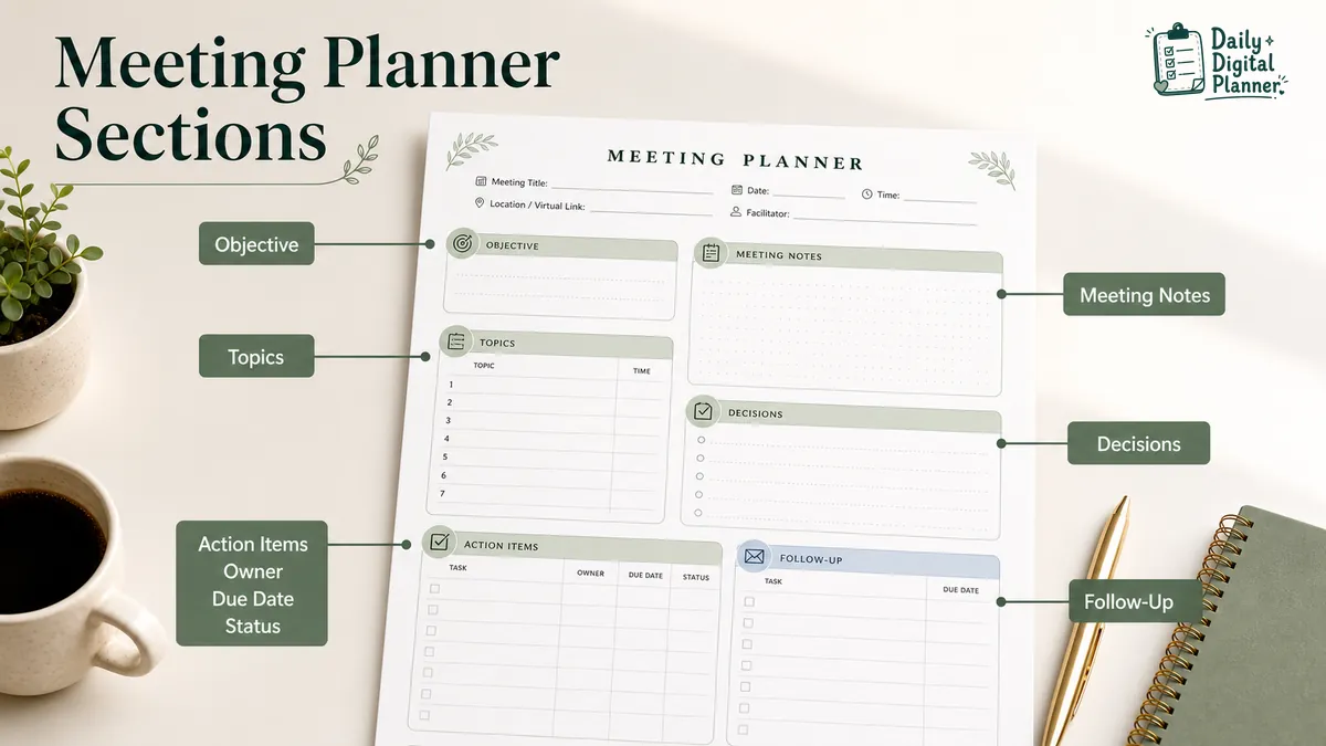 Annotated meeting planner template showing agenda, notes, decisions, action items, owner, due date, and follow-up sections.