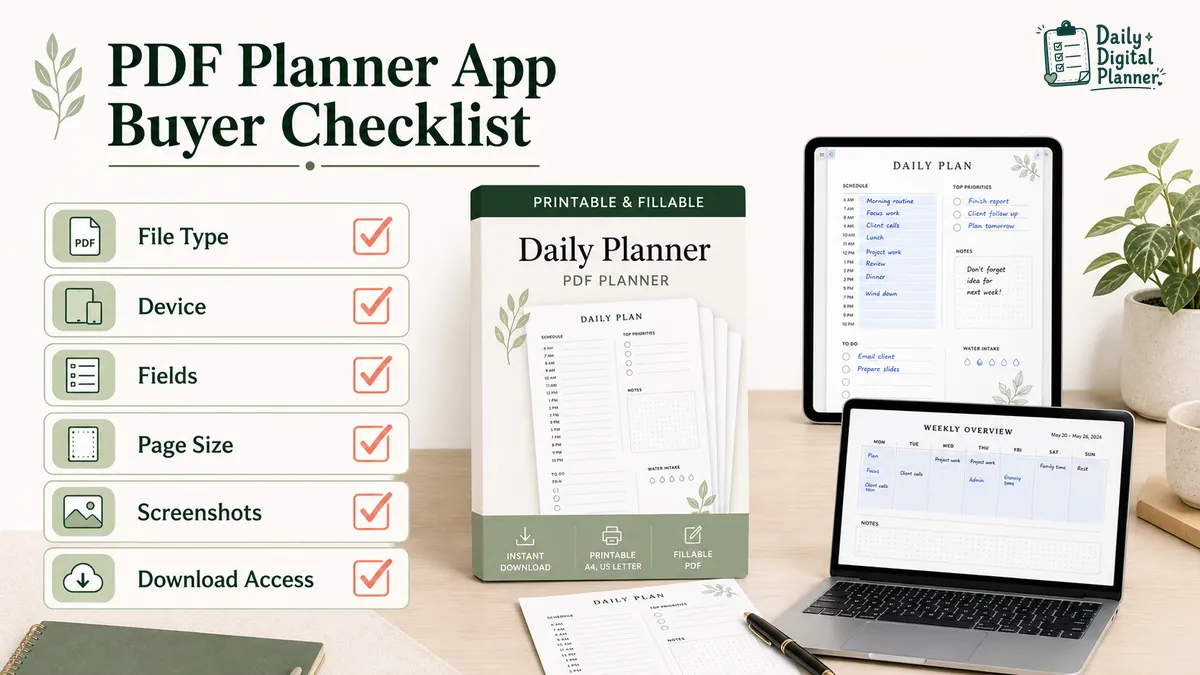 Buyer checklist for checking PDF file type, device, fillable fields, page size, screenshots, and download access before choosing a planner app.