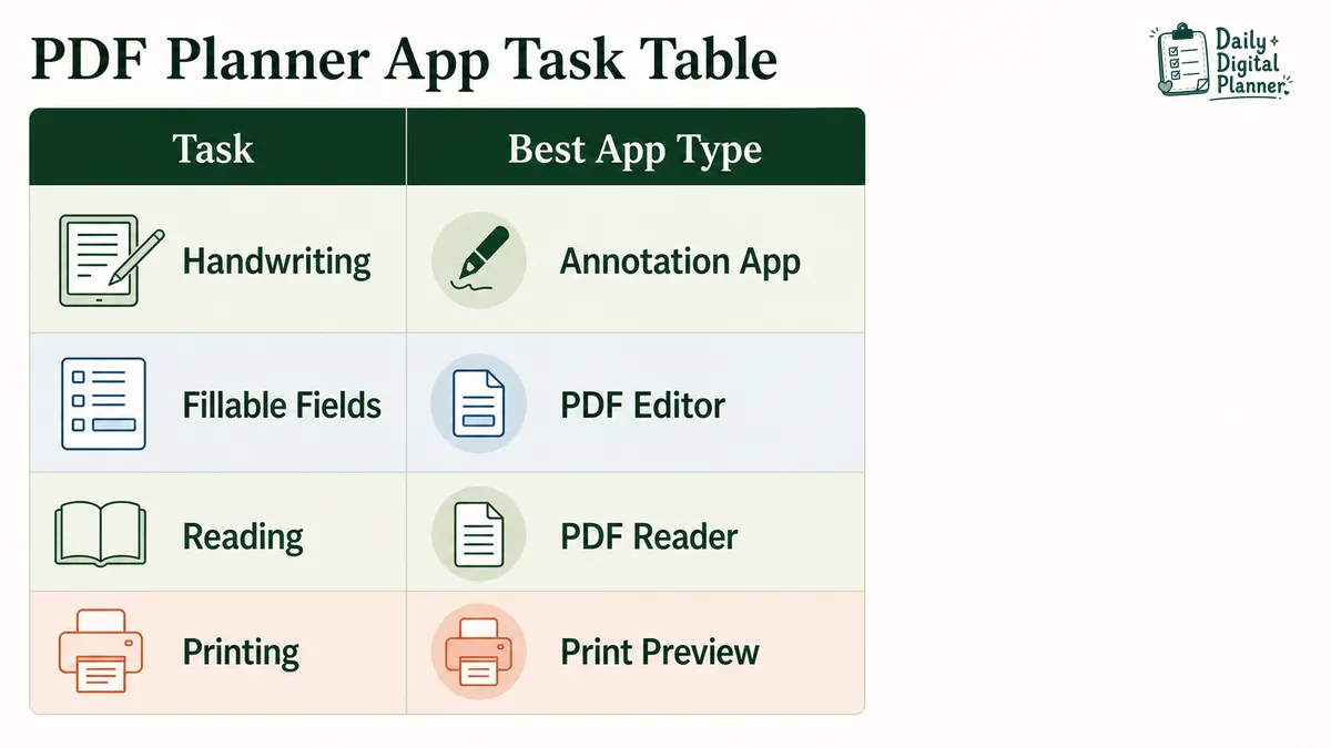 Task table matching PDF planner actions to annotation apps, PDF readers, PDF editors, and print preview workflows.