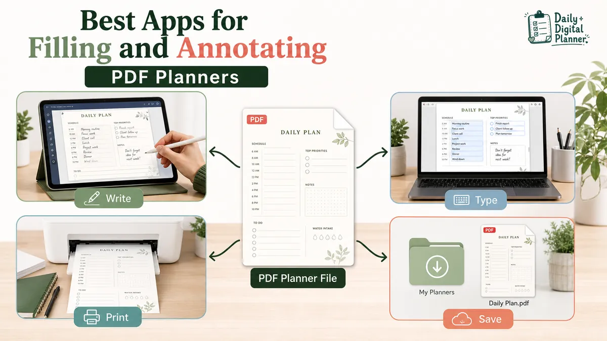 PDF planner app options for handwriting, fillable fields, reading, printing, and saving a planner file.
