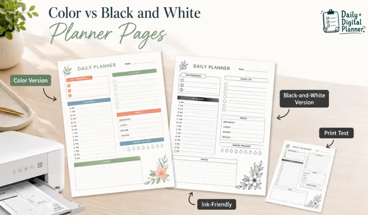 Color and black-and-white printable planner pages shown side by side with a printer and desk setup.