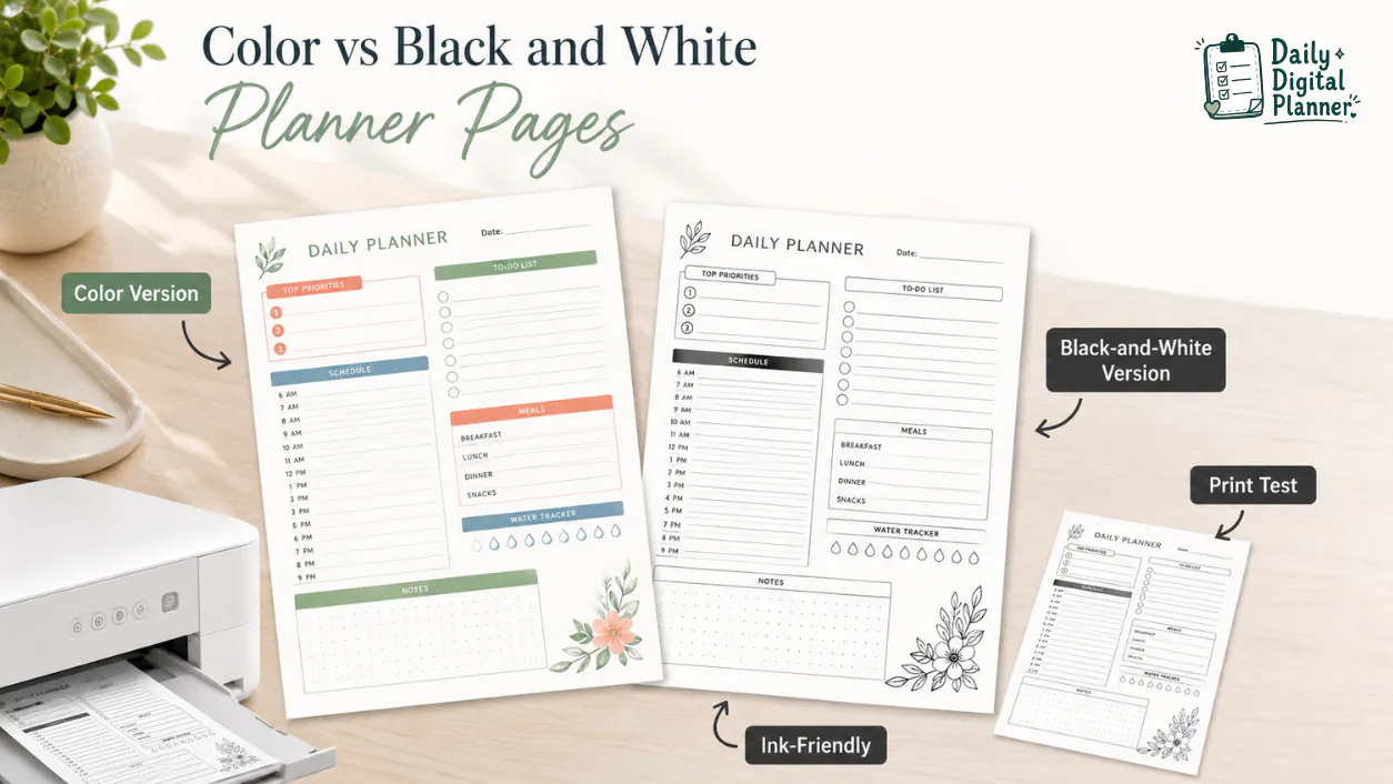 Color and black-and-white printable planner pages shown side by side with a printer and desk setup.
