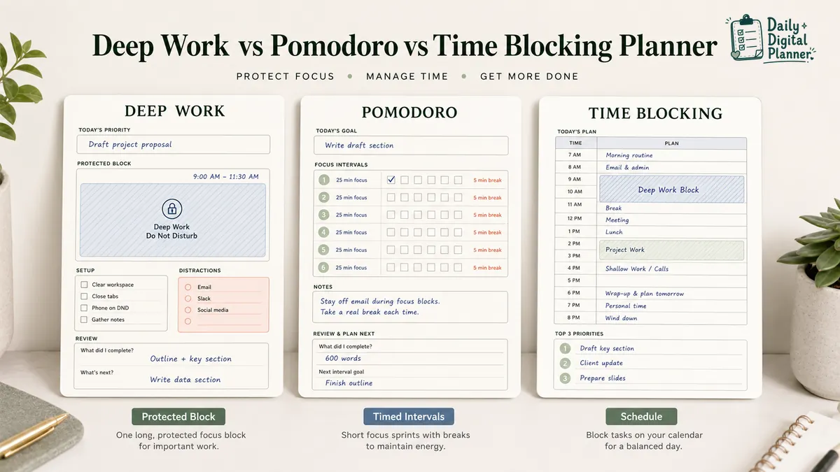 Comparison visual showing deep work planner, Pomodoro planner, and time blocking planner differences for focus sessions.