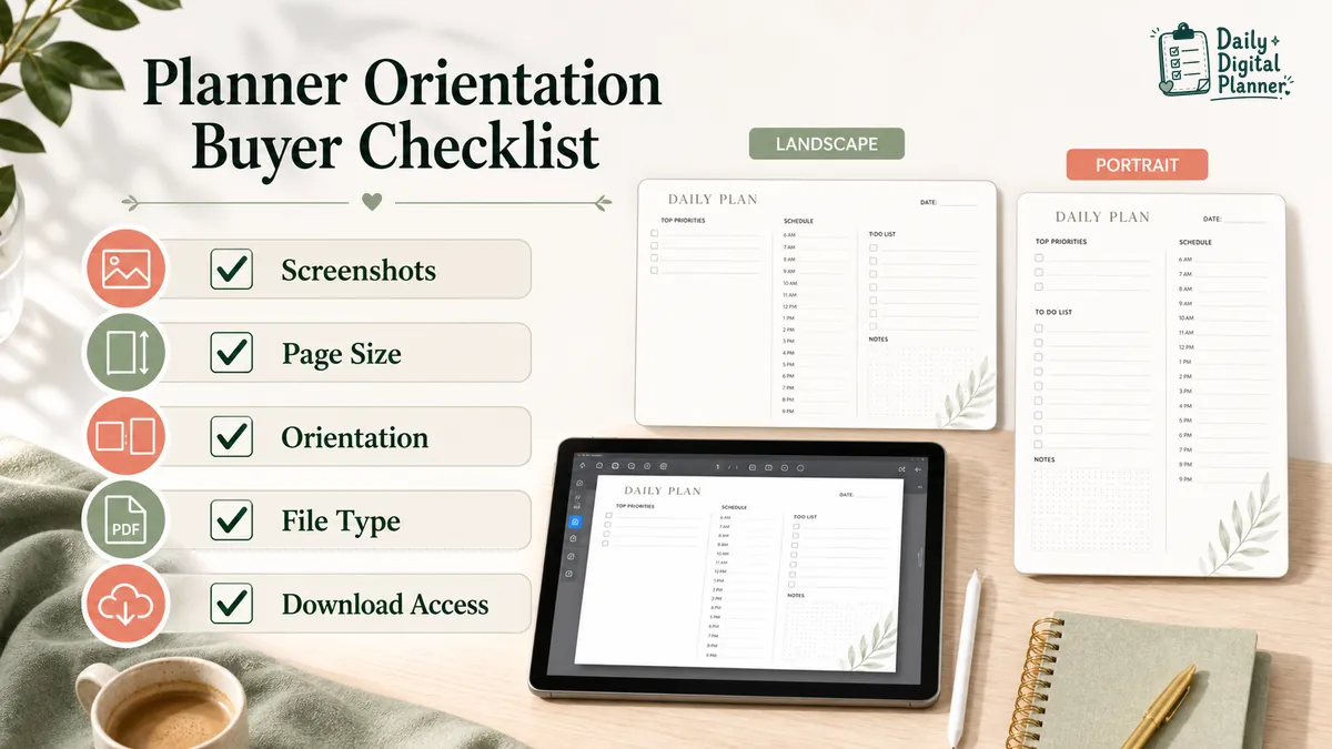 Checklist for verifying planner PDF orientation, page size, screenshots, file type, and download access before buying.