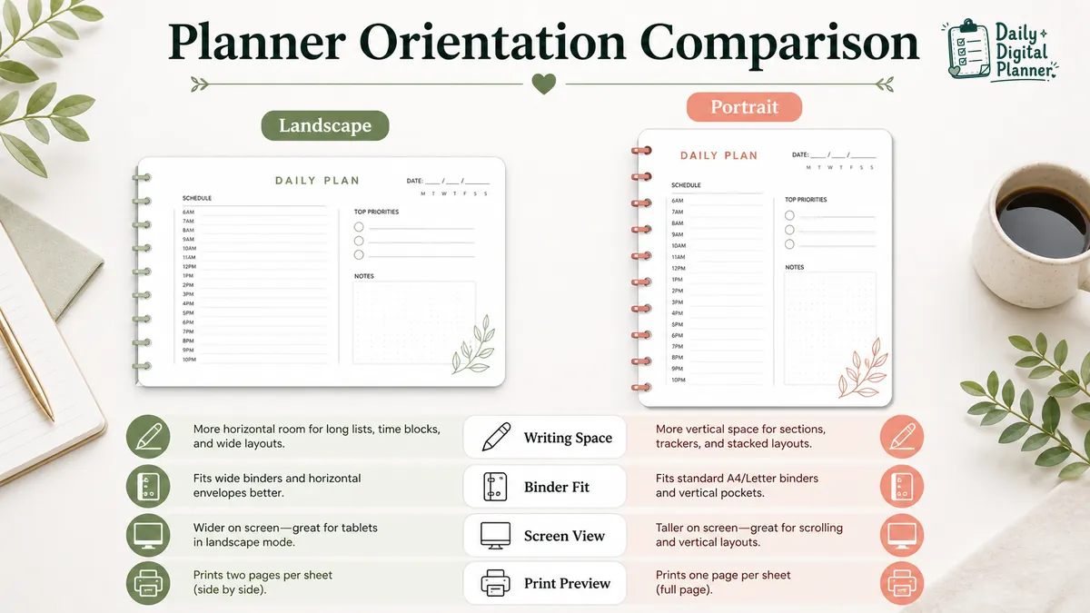 A comparison graphic showing landscape and portrait planner page orientation differences.