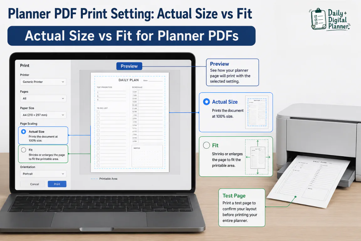 Print dialog style visual comparing Actual Size and Fit for planner PDF pages.