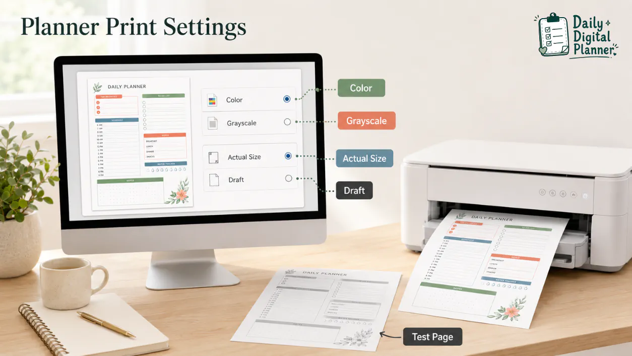 Printer settings checklist for color, grayscale, actual size, draft mode, and test page before printing planner PDFs.