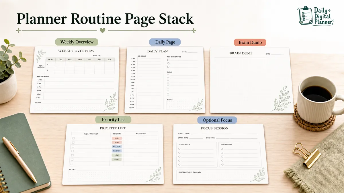 Minimal planner page stack with weekly overview, daily page, brain dump, priority list, and optional focus page.