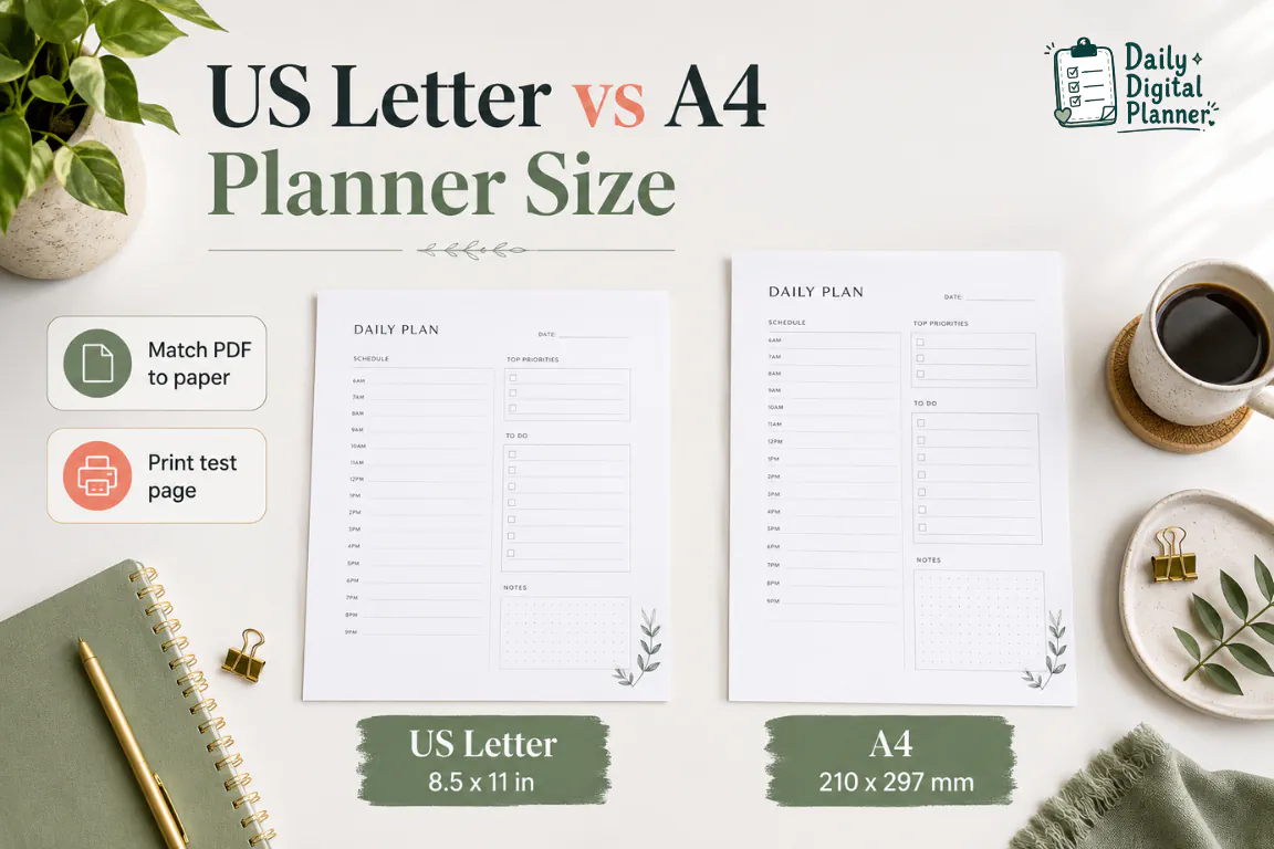 US Letter and A4 printable planner pages shown side by side with size labels.
