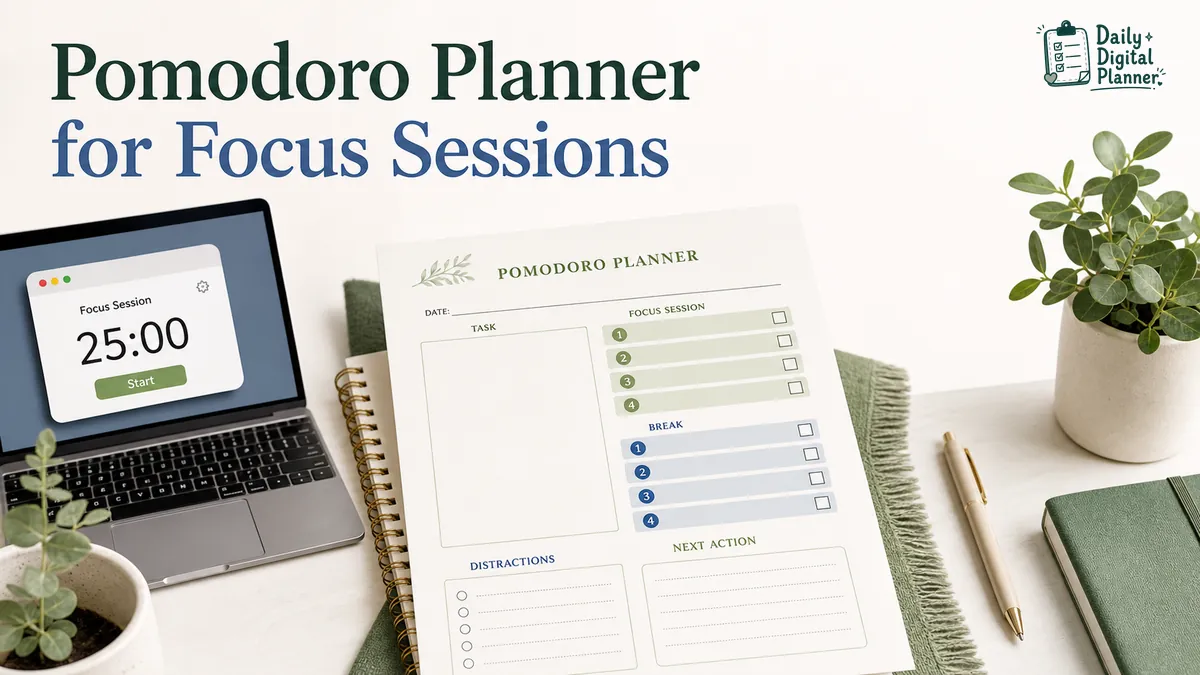 Pomodoro planner template showing focus sessions, breaks, task list, and session checkmarks.