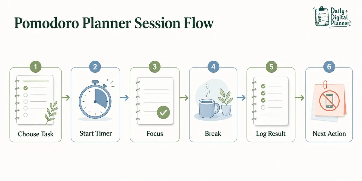 Pomodoro planner workflow showing task choice, timed focus session, break, distraction log, and review.