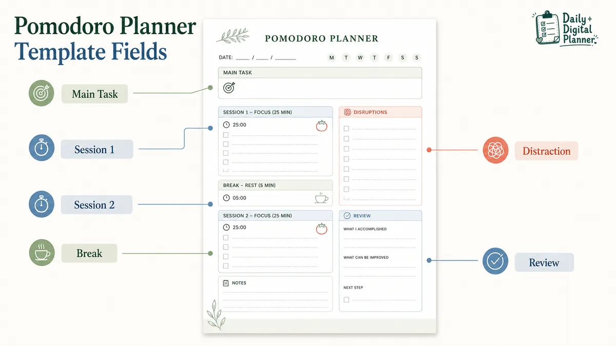 Pomodoro planner template fields for tasks, focus intervals, breaks, distractions, and review notes.