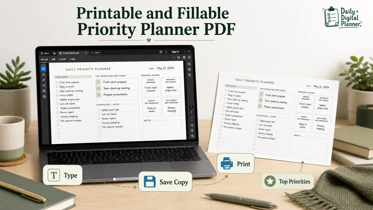 Printable and fillable priority planner PDF shown with typed fields, printed page, and daily top priorities.