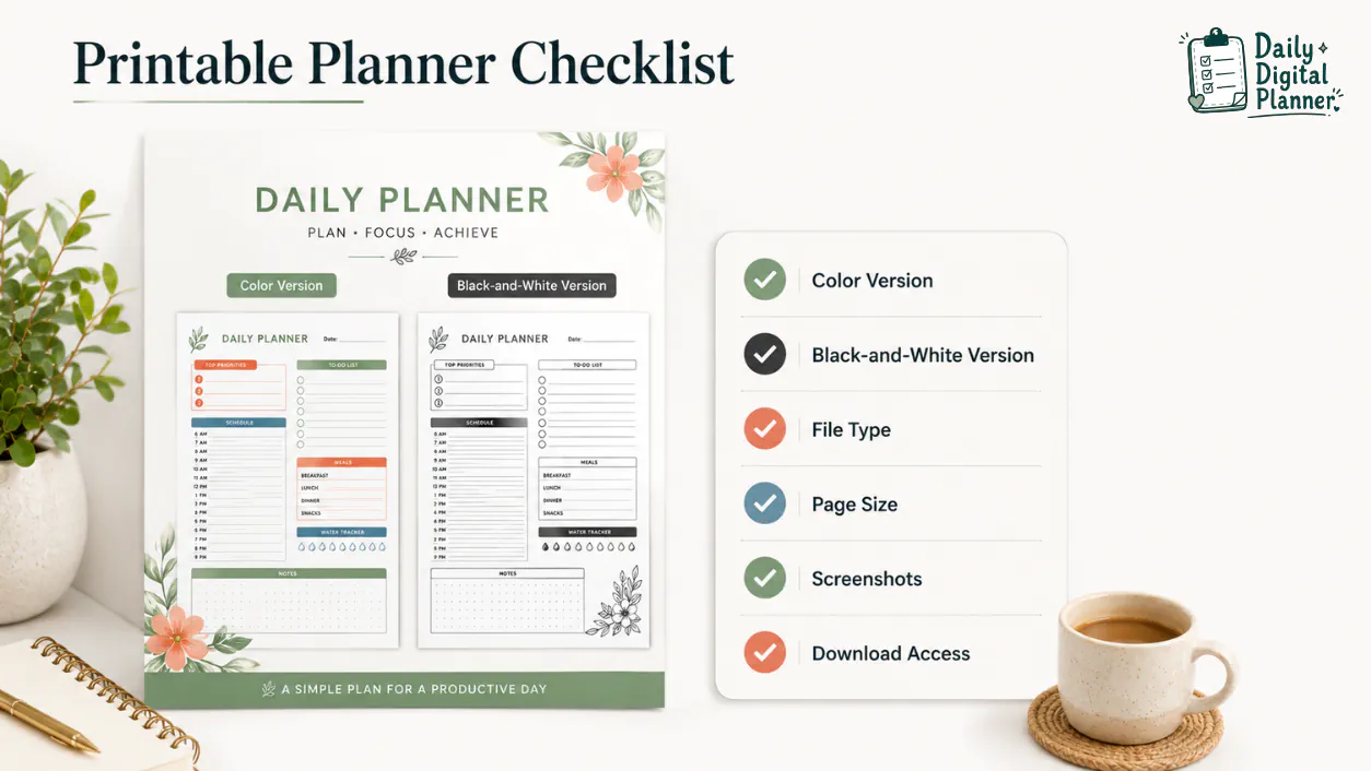 Checklist for confirming color version, black-and-white version, file type, page size, screenshots, and download access before buying.