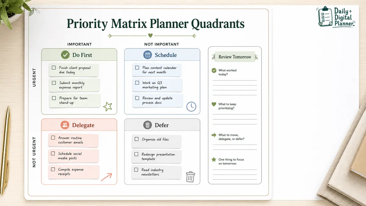 Priority matrix planner page with urgent, important, schedule, delegate, and defer task areas.