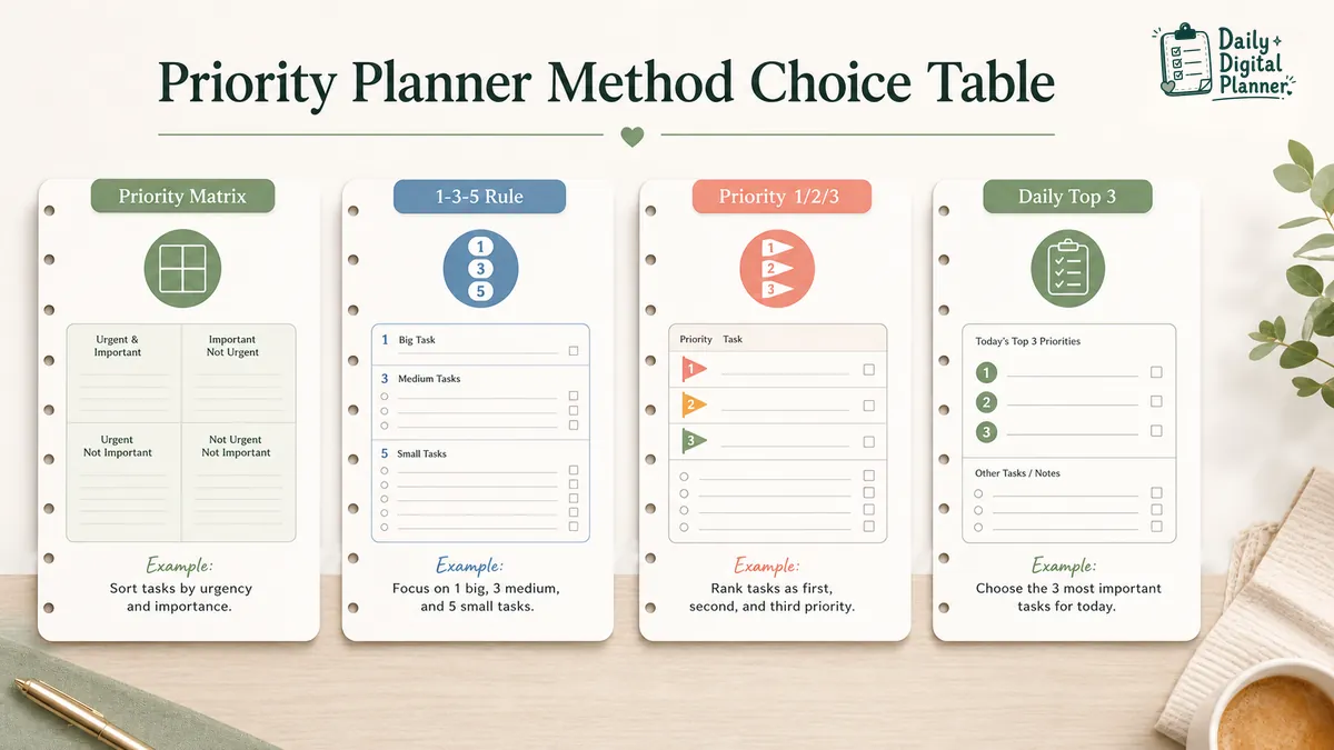 Planner method comparison showing priority matrix, 1-3-5 rule, and priority 1-2-3 planner options.