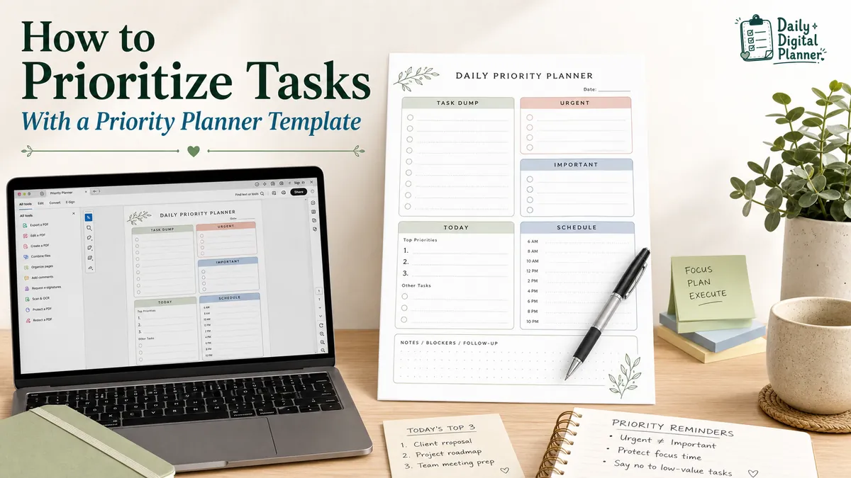 Priority planner template showing tasks sorted by urgency, importance, and daily priorities.