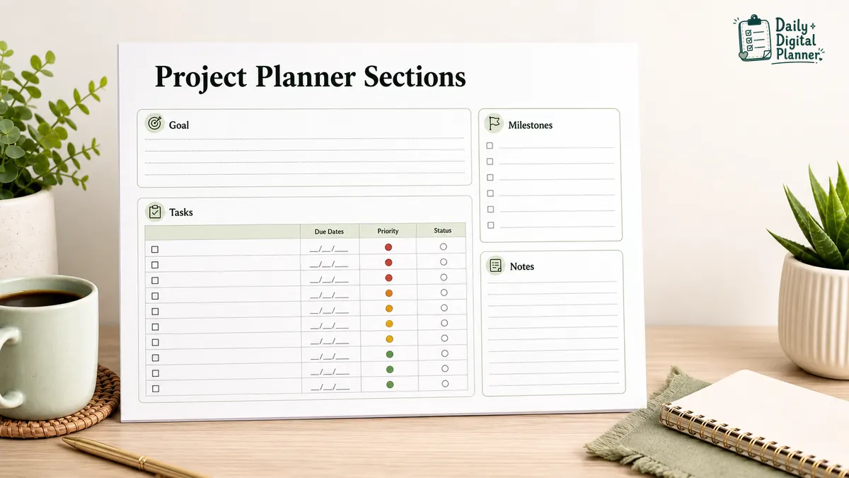 Annotated project planner PDF showing goal, tasks, milestones, due dates, priority, status, and notes sections.