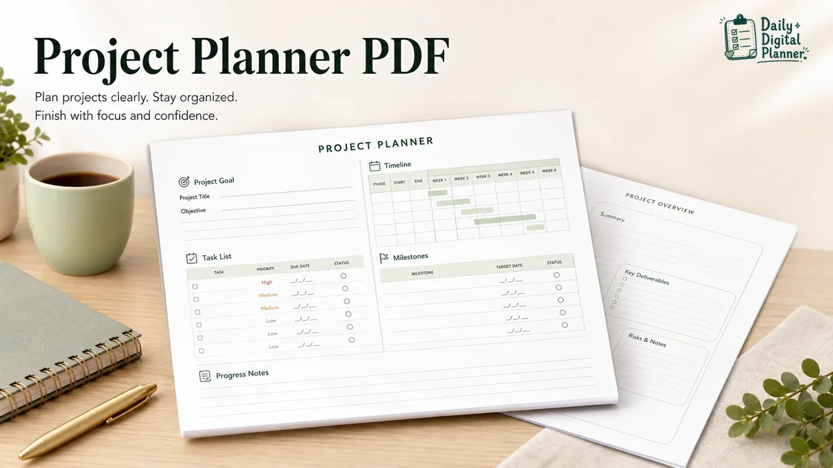 Project planner PDF pages showing task list, timeline, milestones, and client work notes.