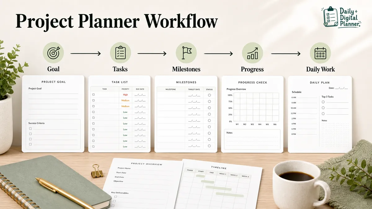 Simple workflow showing project goal, tasks, milestones, progress check, and daily work steps.