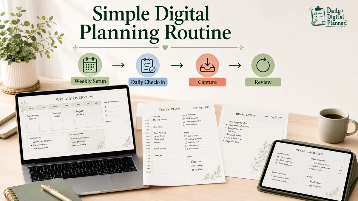 A simple digital planning routine with weekly setup, daily check-in, task capture, and review planner pages.