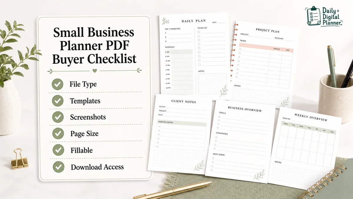 Checklist for choosing a small business planner PDF with file type, templates, screenshots, page size, fillable support, and download access.