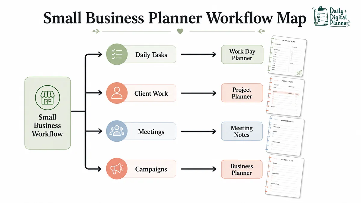 Small business workflow map connecting daily tasks, client work, meetings, and campaigns to planner types.