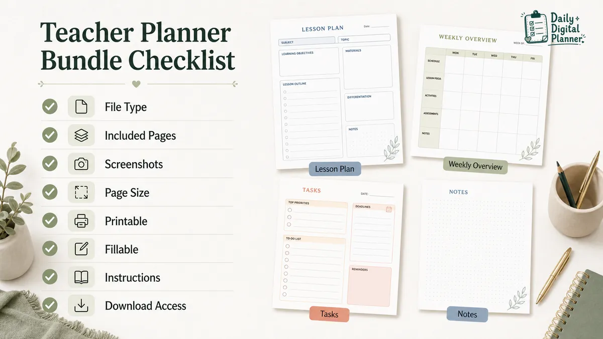 Checklist of teacher planner bundle pages to verify before buying, including lesson plans, weekly overview, tasks, notes, and download access.