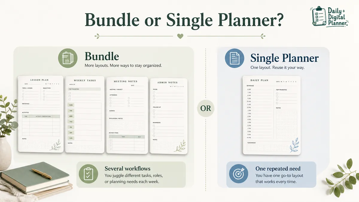 Comparison visual showing when to choose a teacher planner bundle instead of a single teacher planner PDF page.