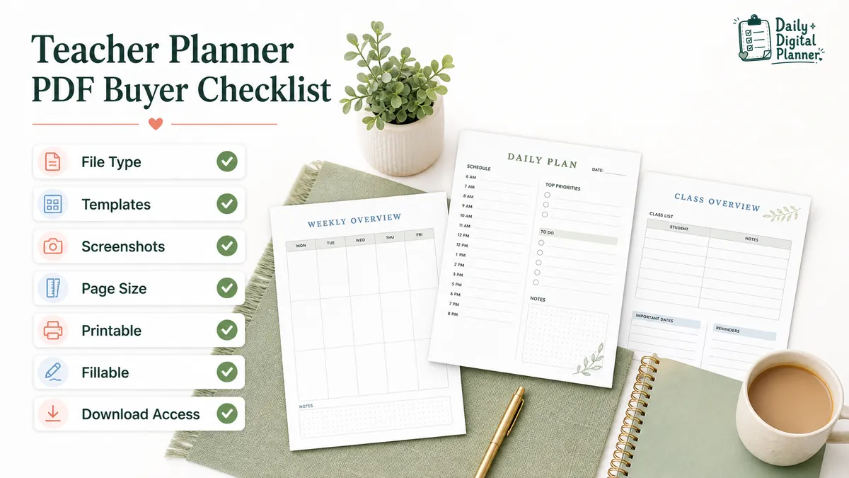 Checklist for choosing a teacher planner PDF with file type, templates, screenshots, page size, printable support, fillable support, and download access.