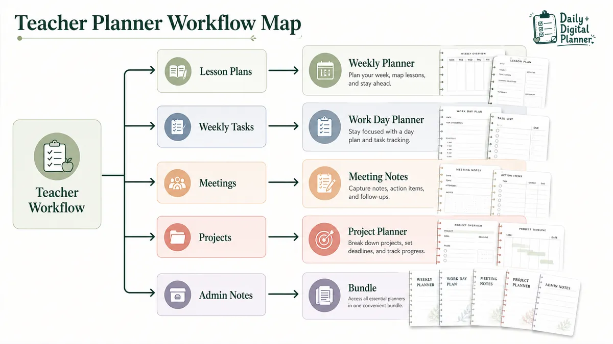 Teacher workflow map connecting lesson plans, weekly tasks, meetings, projects, and admin notes to planner types.