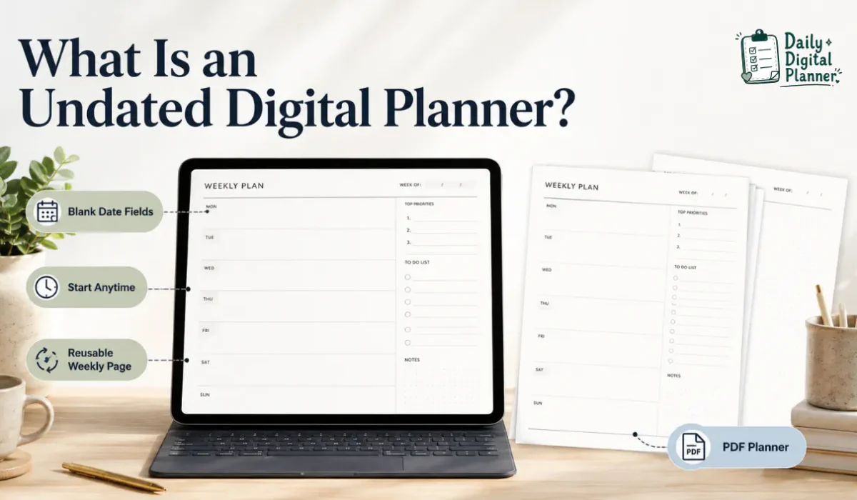 Example of an undated digital planner PDF with blank date fields and reusable weekly pages.