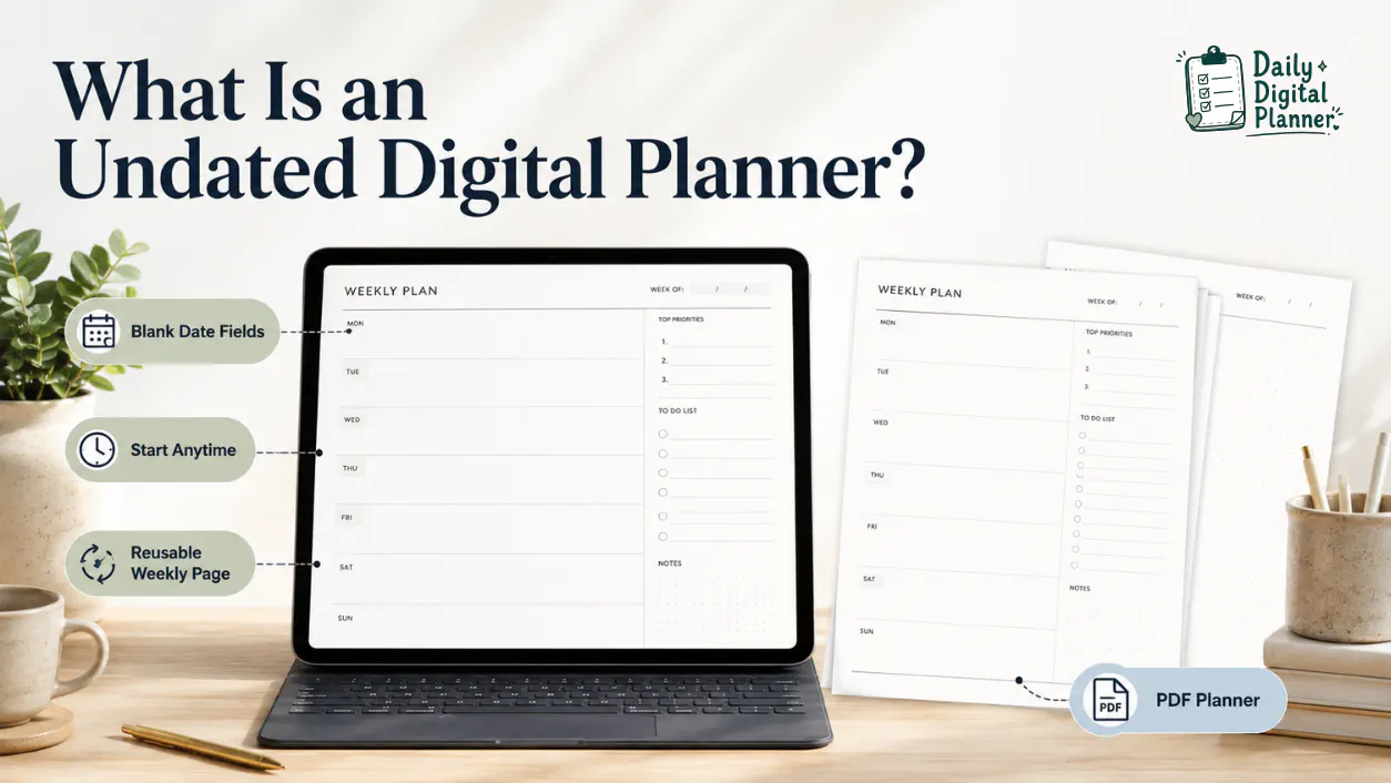 Example of an undated digital planner PDF with blank date fields and reusable weekly pages.