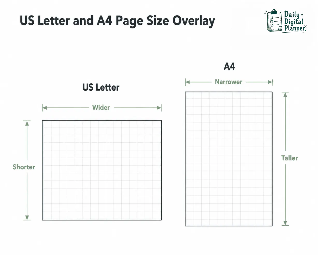 Overlay comparison showing US Letter as wider and shorter than A4.