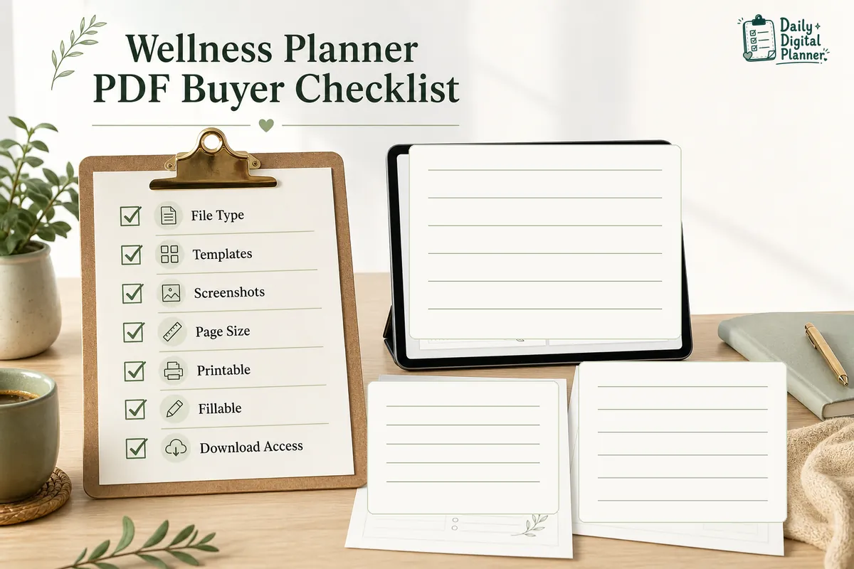Checklist for wellness planner PDF details including file type, screenshots, page size, printable support, fillable support, price, and download access.