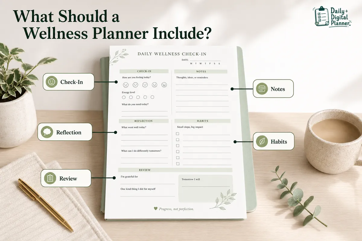 Annotated wellness planner PDF page with check-in fields, self-care notes, reflection space, and habit awareness sections.