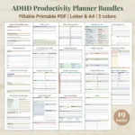 ADHD Productivity Planner Bundles Printable Fillable PDF Executive Function Planner Letter A4