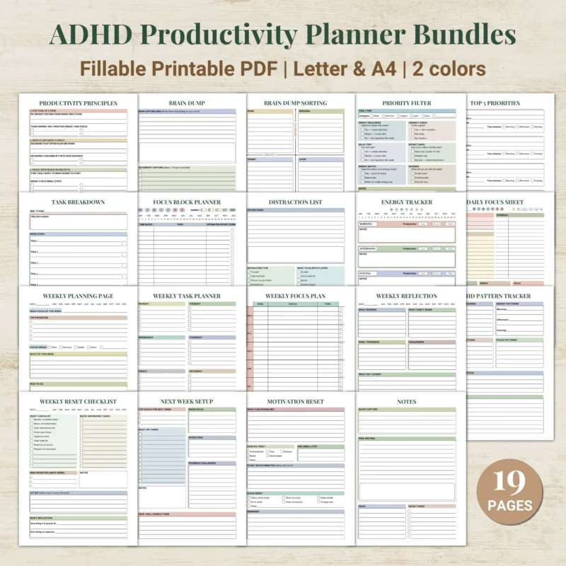 ADHD Productivity Planner Bundles Printable Fillable PDF Executive Function Planner Letter A4