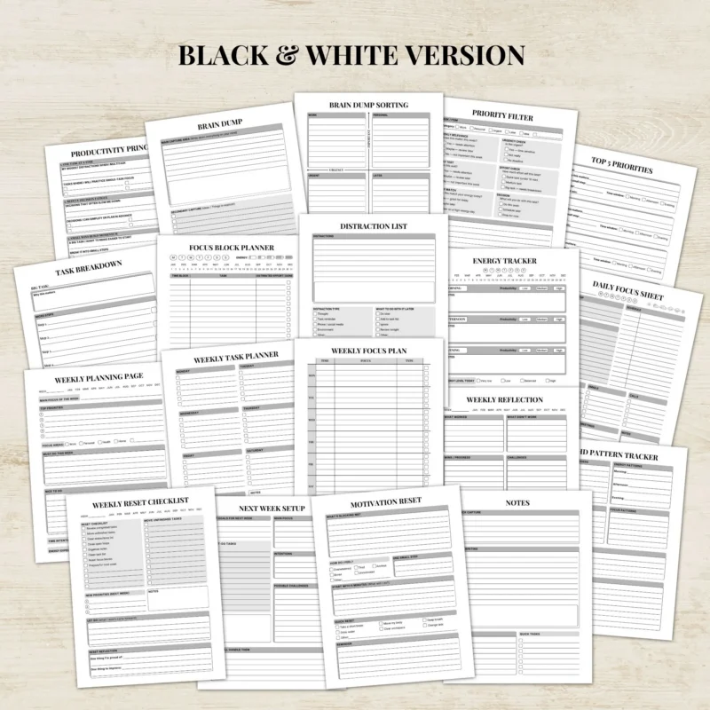 ADHD Productivity Planner Bundles Printable Fillable PDF Executive Function Planner Letter A4 black & white versions