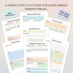 ADHD Task Starter Kit featuring six connected planning pages including Home, Brain Dump, Pick One Task, Break It Down, Focus Session, and Reset & Reflection for better focus and productivity.