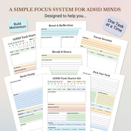 ADHD Task Starter Kit featuring six connected planning pages including Home, Brain Dump, Pick One Task, Break It Down, Focus Session, and Reset & Reflection for better focus and productivity.