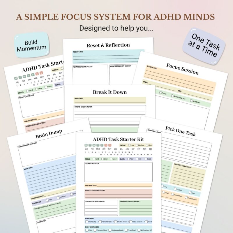 ADHD Task Starter Kit featuring six connected planning pages including Home, Brain Dump, Pick One Task, Break It Down, Focus Session, and Reset & Reflection for better focus and productivity.