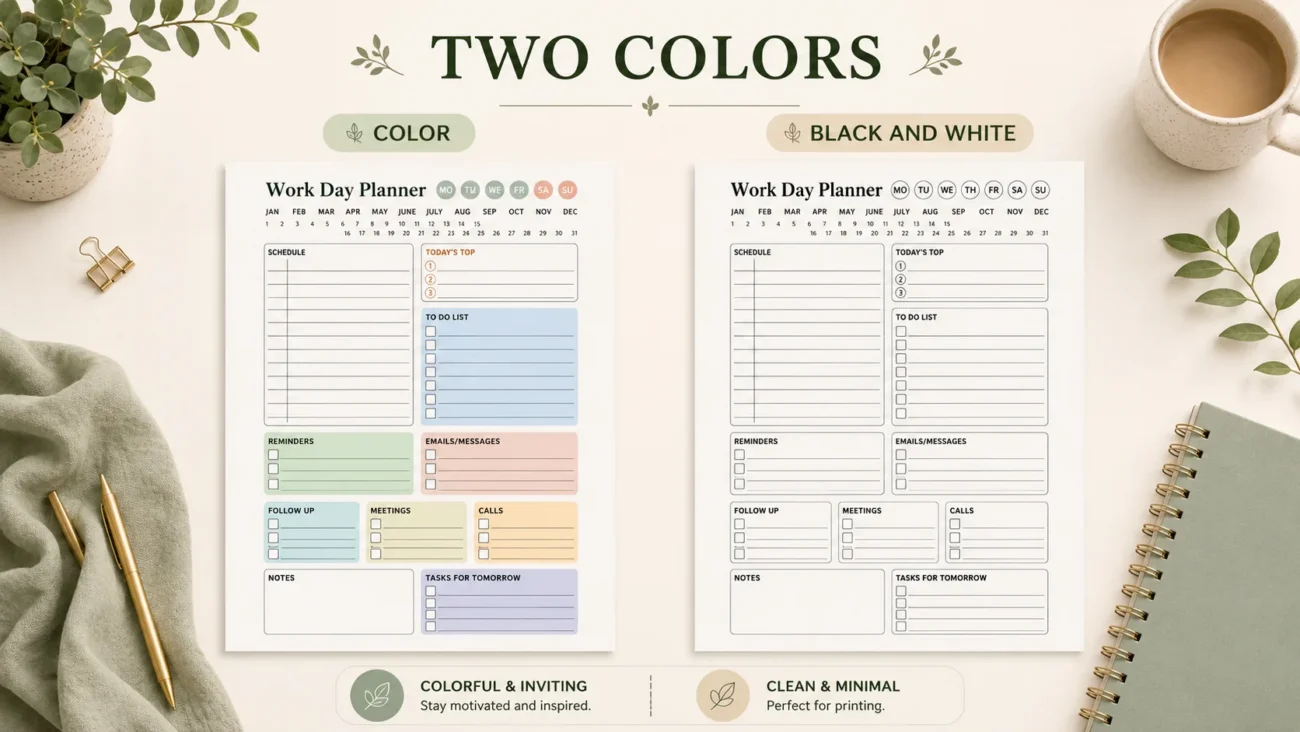 Choose between a colorful planner or an ink-saving black & white version.
