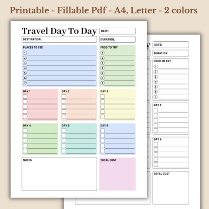 Daily Travel Itinerary Printable for Vacation Planning and Sightseeing