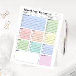 A clean minimalist vacation itinerary dashboard featuring organized sections for morning, afternoon, and evening activity logs
