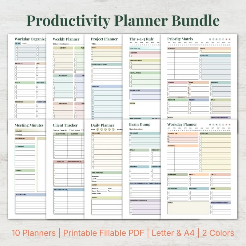 Productivity Planner Bundle Printable PDF Daily Work Organizer Kit
