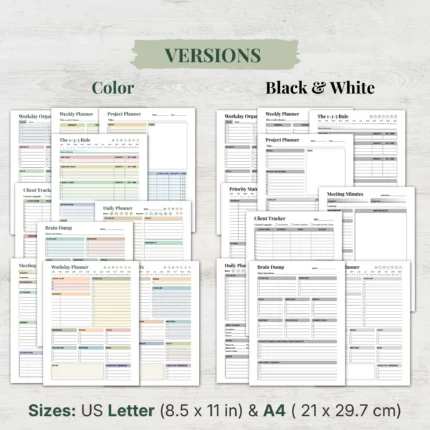 Productivity Planner Bundle Printable PDF Daily Work Organizer Kit
