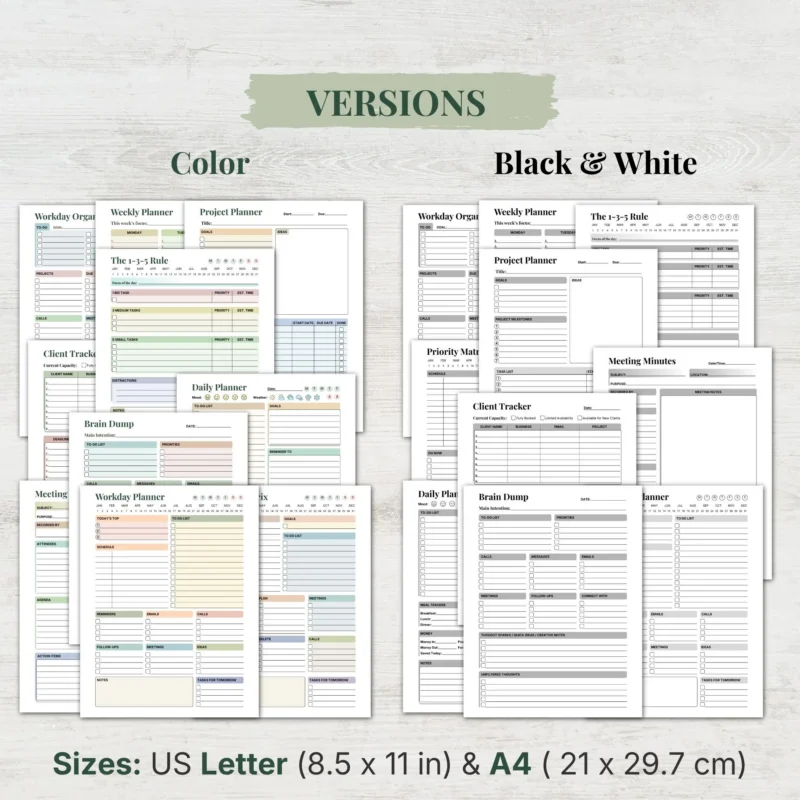 Productivity Planner Bundle Printable PDF Daily Work Organizer Kit